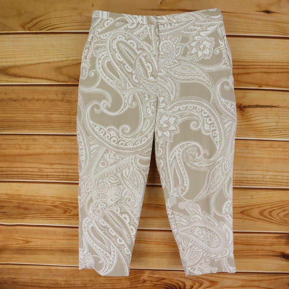 Susan Graver Pants Stretch Waist High Rise Womens 10 Beige White Paisley Pockets